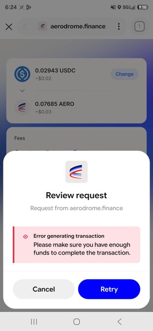 A mobile screenshot from aerodrome.finance shows a "Review request" dialog with an error message stating "Error generating transaction. Please make sure you have enough funds to complete the transaction," displaying balances of 0.02943 USDC (~$0.02) and 0.07685 AERO (~$0.03) with options to Cancel or Retry.

This appears to illustrate a user struggling with a failed transaction on Aerodrome Finance (a Base network DEX), seeking support from Coinbase/Base team members to resolve what seems to be an issue despite having visible (though small) token balances.