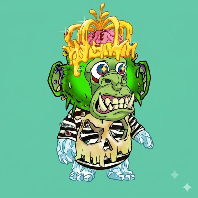 A cartoon-style illustration of a grotesque green monkey character with bulging eyes, sharp fangs, a melting gold crown over an exposed brain, and a tattered shirt, set against a teal background.