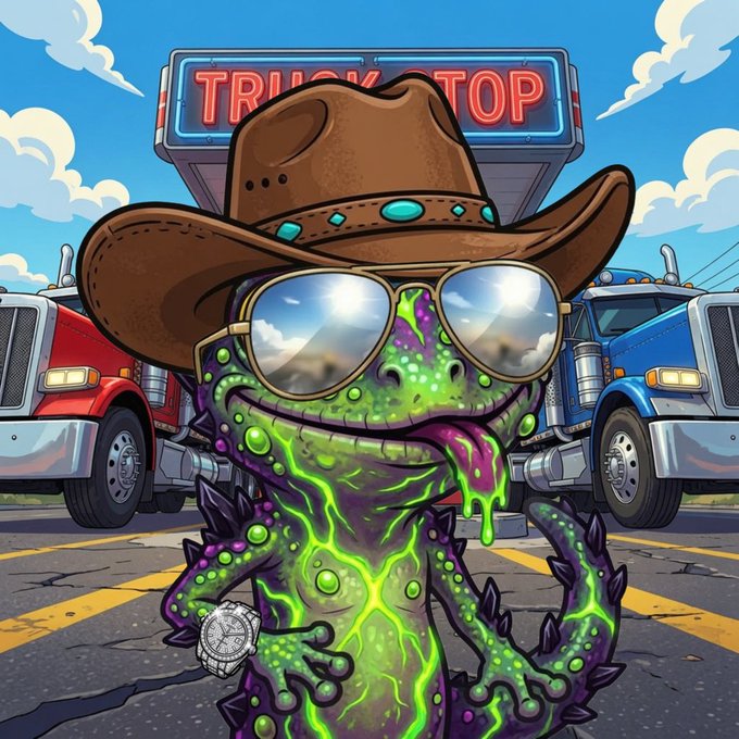 A cartoon illustration of a green, spiky, alien-like monster wearing a cowboy hat and aviator sunglasses, standing in front of a 'TRUCK STOP' neon sign with semi-trucks.