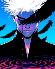 A stylized portrait of a man with glowing white hair, a blue heart on his forehead, and a purple/black feathered design over his eye, set against a vivid cyan background with floating feathers and a magenta circular symbol below. The post promotes an art and NFT community, suggesting the image is a representative piece of digital artwork shared to engage fellow art lovers.