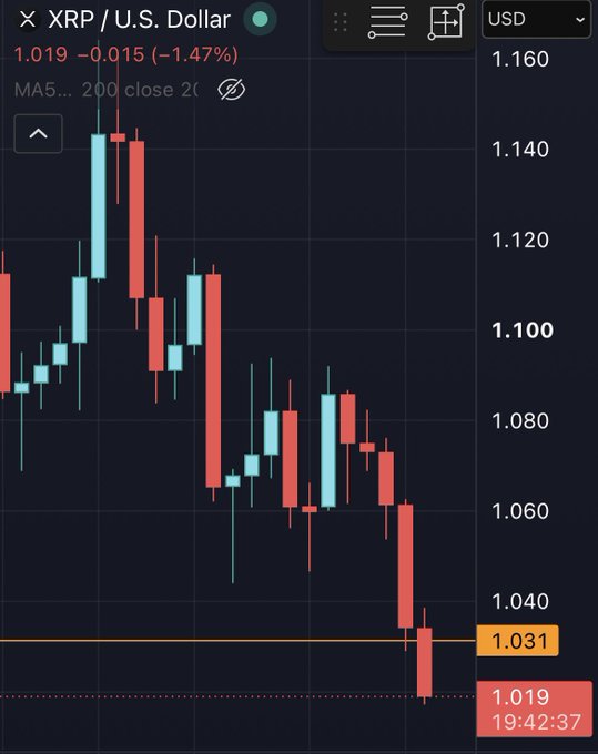 A candlestick chart of XRP/USD shows the price declining to $1.019 (-1.47%), hovering near a key support level around $1.031, suggesting critical liquidation risk if the support breaks.