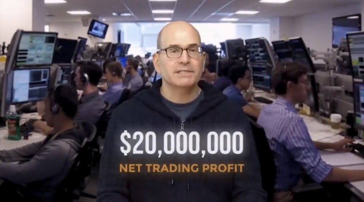 A bald man in a dark hoodie stands in a busy trading floor filled with monitors and workers, with overlaid text reading "$20,000,000 NET TRADING PROFIT."