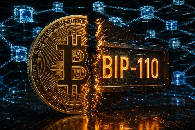 A golden Bitcoin split down the middle next to a block labeled 'BIP-110' against a blue blockchain background.