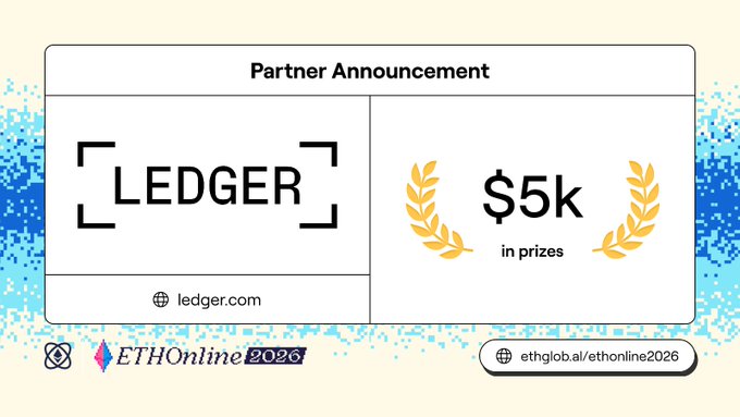 A Partner Announcement graphic for ETHOnline 2026 featuring Ledger as a sponsor with $5k in prizes, displaying ledger.com and ethglobal.ai/ethonline2026.