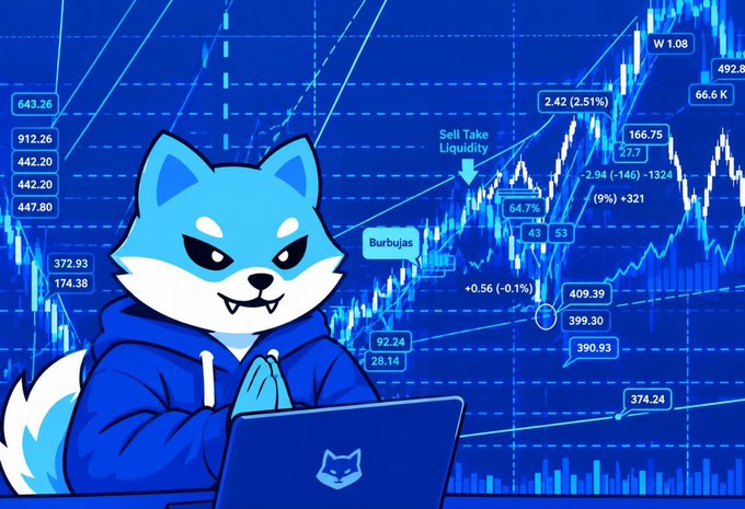 A cartoon blue fox character in a hoodie works on a laptop in front of a stock market chart background showing various trading data including 'Sell Take Liquidity', 'Burbujas', and price figures like 643.26 and 492.8.