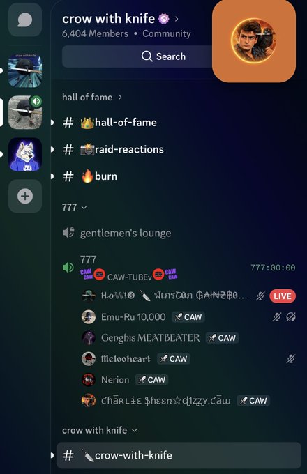 A Discord app screenshot showing the 'crow with knife' community with 6,404 members, featuring channels like #hall-of-fame and a live voice chat in 'gentlemen's lounge'.