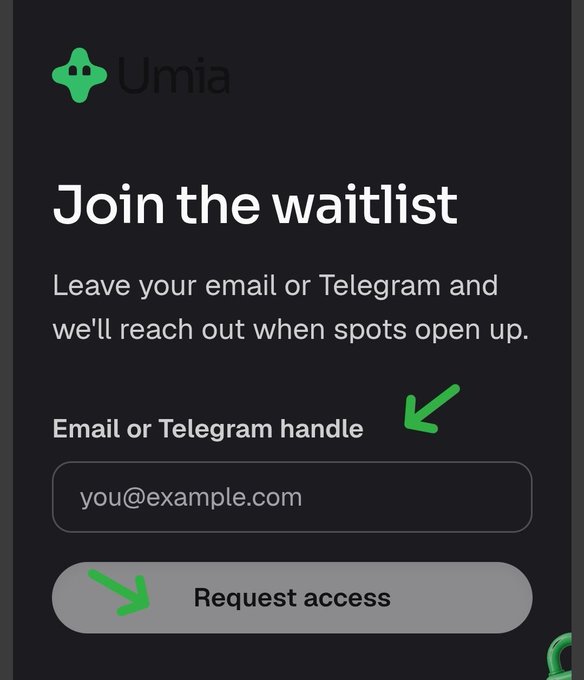 A dark-themed waitlist signup page for 'Umia' inviting users to enter their email or Telegram handle to request access.