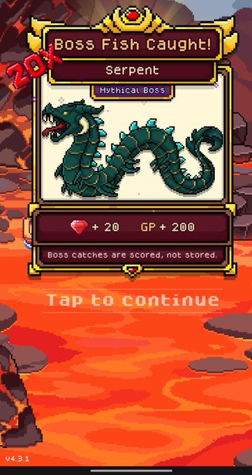 !"A large green dragon with a huge head sitting atop a mountain", "BOSS fish caught!", "@FishingFrenzyCo @Ronin_Network @xderek @gguncharted". The image depicts a digital illustration of a creature resembling a fish with its eyes closed and mouth open, situated on a mountain. This screenshot is related to the post about the Guild War which was posted in the comments section of #FishingFrenzyCo.