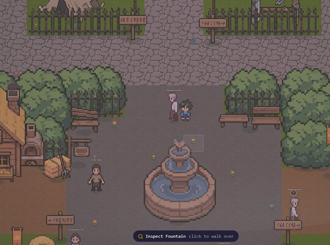Pixel-art video game screenshot showing a town plaza with a central fountain, characters, benches, and directional signs to Reef, Farm, Deniff, and Farm.