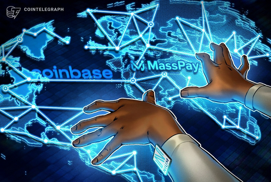 The image features a person's hands reaching out towards a map of the world, with the words "Coinbase" and "MassPay" written above them. The person's fingers are spread wide open as if they're trying to grasp something or someone on the map. The background is blue, which contrasts nicely with the white text in the image.
