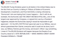 A tweet by Donald J. Trump criticizes Democrats as 'THE GREAT BIG BEAUTIFUL BILL' and argues it represents 'A WIN FOR THE PEOPLE OF OUR COUNTRY' with the hashtag #VoteRepublican.