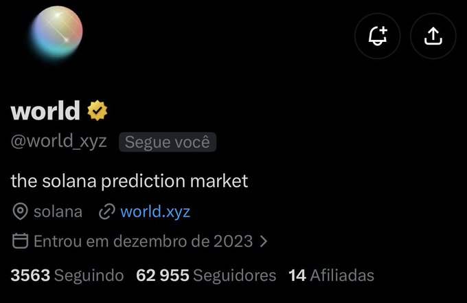 A social media profile screenshot for 'world' (@world_xyz), described as 'the solana prediction market' located in solana, with 62,955 followers.