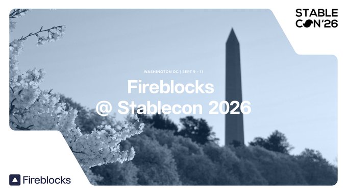 Promotional graphic for Fireblocks at Stablecon 2026, showing the Washington Monument and cherry blossoms with "WASHINGTON DC | SEPT 9 - 11" and "Fireblocks @ Stablecon 2026" text, tying into the post's announcement of Fireblocks sharing stablecoin-based agent transaction insights at the conference.