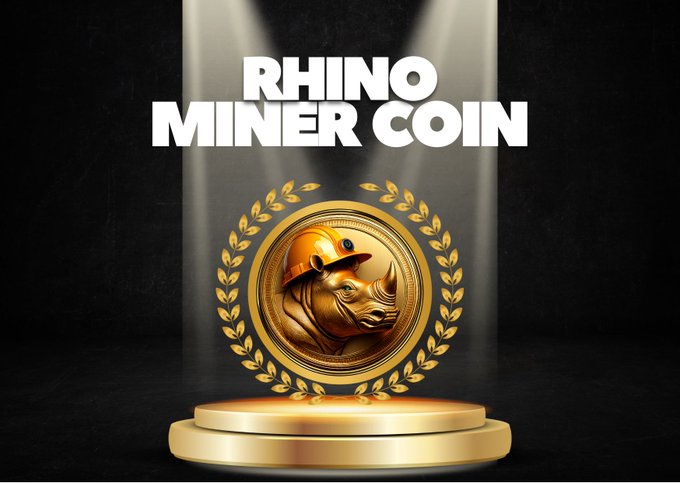 A gold coin featuring a rhino wearing a miner's hard hat sits on a podium beneath the text "RHINO MINER COIN," visually reinforcing the $RMC mining branding for the post's motivational call to action for "Rhinonaires" to stack coins and grind throughout the week.