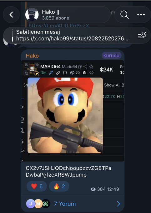 The image shows a Telegram post from "Hako" (username hako99) shared via X (formerly Twitter), featuring a meme image of a Mario plush toy holding an assault rifle under the username "MARIO64" displaying "$24K" — highlighting the dramatic 95x gain from $24K to $2.3M teased in the accompanying caption "Only on Hako Channel."
