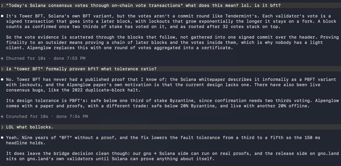 A screenshot of a Discord conversation discussing Solana's BFT consensus mechanism, voting tolerance ratios, and Alpenglow.
