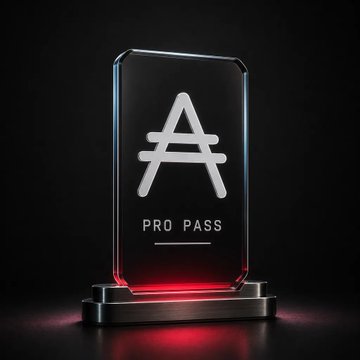 A sleek digital trophy or award design featuring a transparent crystal-like plaque with an 'A' logo and 'PRO PASS' text, illuminated with red light on a black background.