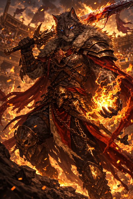 A fierce cat warrior in ornate armor wields a flaming sword amid a fiery battlefield, fitting the "Cat Warriors" theme of the Heimdall Arena Championship #9 announcement for a 500k NCG prize pool. No visible text appears in the image itself.