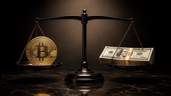 A scale is pictured with a Bitcoin on one side and stacks of US dollar bills on the other, symbolizing a financial comparison. The image directly relates to the post's narrative of MSTR's recent financial strategy, which involved selling shares and raising cash rather than purchasing Bitcoin.