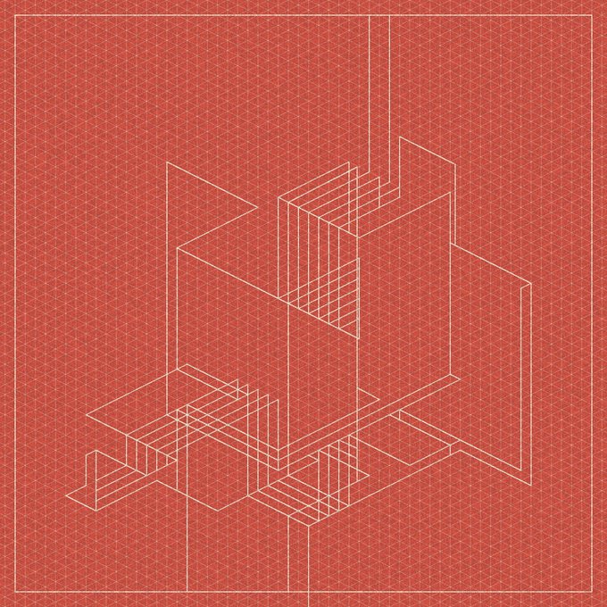 The image displays the generative artwork "TETRA," a geometric isometric composition of interlocking cubic and rectangular forms rendered in fine white line-work against a vibrant coral-red background with a subtle triangular grid pattern. The minimalist, architectural aesthetic reflects the digital collectible's theme of structured complexity, celebrating the acquisition of an edition by collectors @Waterflowing0 and @fiatfire on objkt.