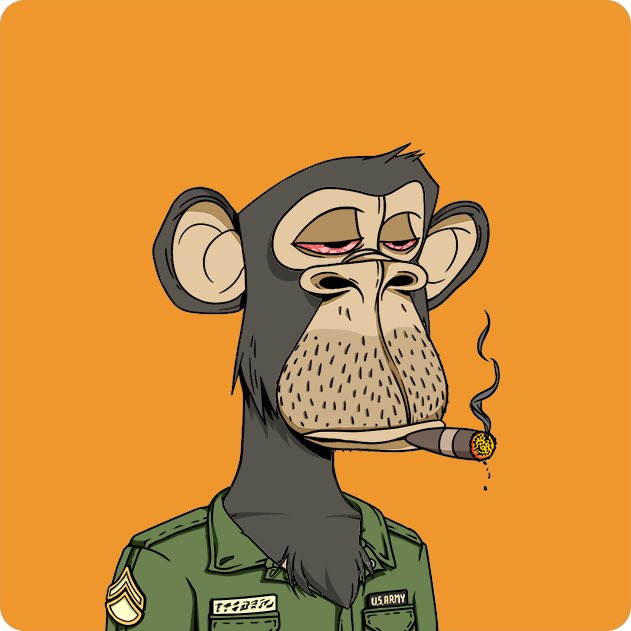 Cartoon illustration of a bored-looking Bored Ape-style monkey in a green military uniform with sergeant stripes, smoking a cigar against an orange background.