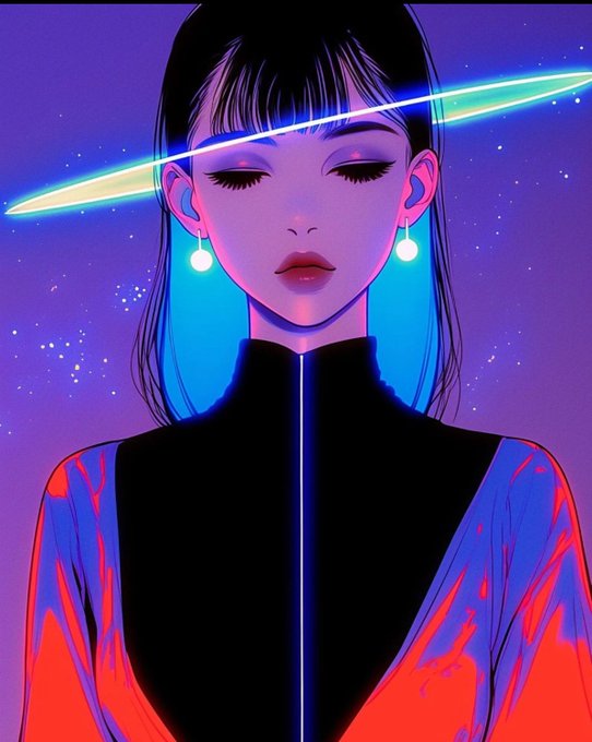 A vibrant anime-style illustration of a young woman with black hair and bangs, eyes closed, wearing a red and black high-collared jacket, with a glowing colorful halo/saturn-ring hovering above her head against a purple cosmic background.