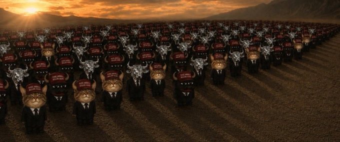 A massive army of uniformed cats wearing red caps with text stands in formation at sunset, visually representing the post's claim that "$CATE has the biggest army of bag workers." The legions of feline soldiers symbolize the token's community of "bag holders"—investors who continue holding their tokens despite market downturns, with the cats' stoic, orderly ranks emphasizing loyalty and sheer numbers.