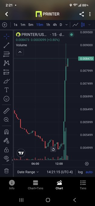 A trading chart on a mobile app shows the 'PRINTER' token with a current price of 0.008473 and a 3.80% increase, displaying a significant price spike from earlier lows.