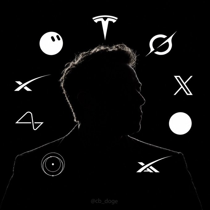 A silhouetted profile is surrounded by the logos of Elon Musk's various ventures: Tesla, SpaceX, Neuralink, X (formerly Twitter), xAI, The Boring Company, and DOGE. The watermark "@cb_doge" is visible at the bottom. The visual ties together Musk's business empire under the term "The Muskonomy," illustrating his sprawling portfolio across automotive, aerospace, AI, social media, and government.
