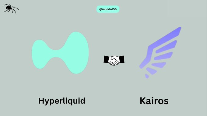 An illustration showing logos for 'Hyperliquid' and 'Kairos' with a handshake icon between them, credited to '@milodot56'.