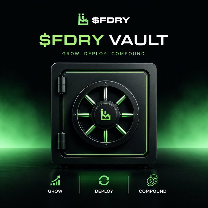 The image features a black vault with green wheels, sitting against a dark background. The text "SFDRY Vault" is displayed above the vault, indicating that this is an AI product or cryptocurrency-related service. The vault has three different icons on its sides, each representing a specific aspect of the service it provides: "Grow", "Deploy", and "Compound". These icons suggest that the vault can actively grow capital for users, deploy funds to various projects, and compound returns over time. The post also mentions that the new vault is designed to feed value back into the ecosystem, which implies a focus on sustainability and community engagement within the AI space.