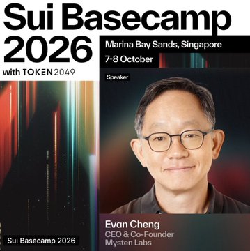 A promotional graphic for Sui Basecamp 2026 at Marina Bay Sands, Singapore (7-8 October), featuring speaker Evan Cheng, CEO & Co-Founder of Mysten Labs.