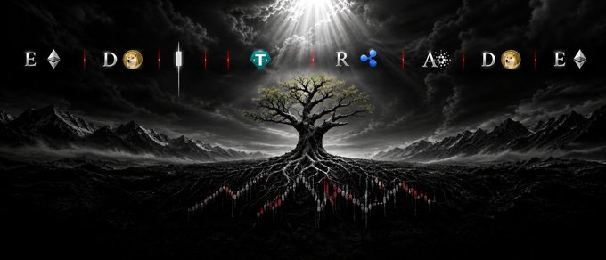 A dark landscape featuring a lone tree with roots transforming into a candlestick chart, with cryptocurrency logos (ETH, BTC, USDT, XRP) spelling 'END TRADE' across the top.