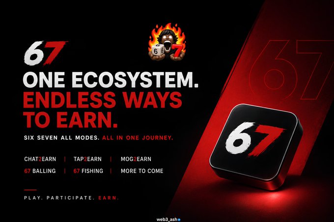 A promotional graphic for '67' reads 'ONE ECOSYSTEM. ENDLESS WAYS TO EARN' with modes including CHAT2EARN, TAP2EARN, MOG2EARN, 67 BALLING, and 67 FISHING.