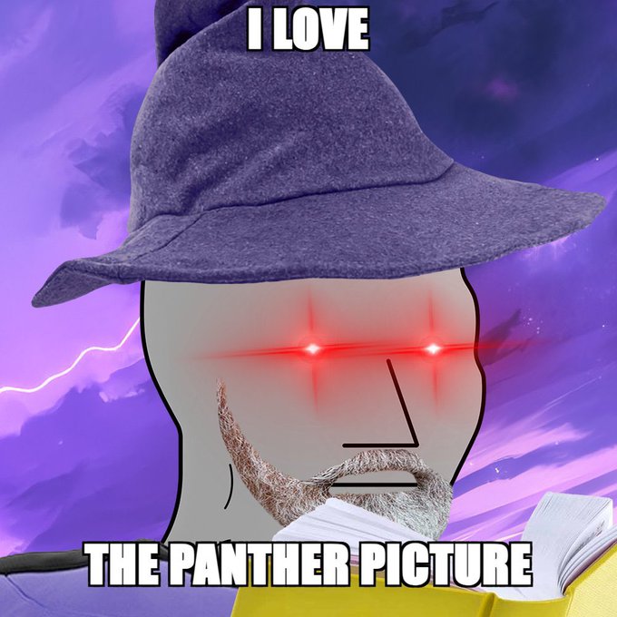 A purple wizard hat-wearing figure with glowing red eyes and a beard reads from a book against a stormy purple sky, captioned "I LOVE THE PANTHER PICTURE," seemingly referencing the @CryptoWizardd mentioned in the post who is hyped about the $NPC token.
