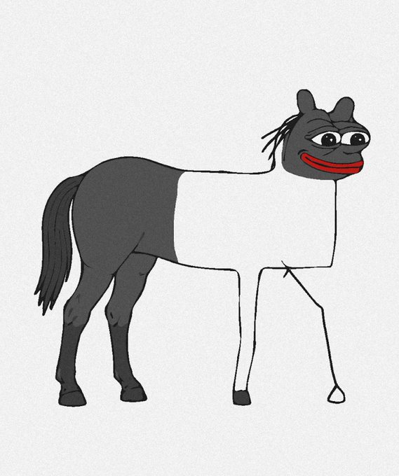 The image features a cartoon horse with a black mane, white body, and red face, standing next to a brown background. The horse has its head turned towards the camera, giving an impression of curiosity or interest. The caption below the image reads "Not all Horsemen were made equal.. This is your chance to own this stallion! Live on @TransientLabs 6/3/26 @ 11:11am".