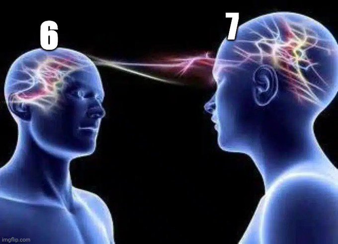 A meme showing two transparent blue human heads facing each other with glowing brains and energy beams connecting between them, labeled with numbers '6' and '7' above each head.