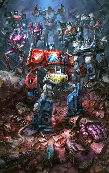 A Transformers-themed artwork featuring Optimus Prime standing in the foreground among a group of other robots, with defeated enemies on the ground.