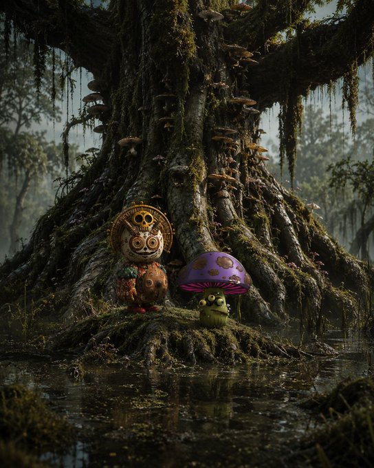 A whimsical fantasy scene featuring two small creatures—one resembling a tribal figure with a skull-like mask and the other a purple mushroom character—standing at the base of a massive, moss-covered tree in a misty swamp.
