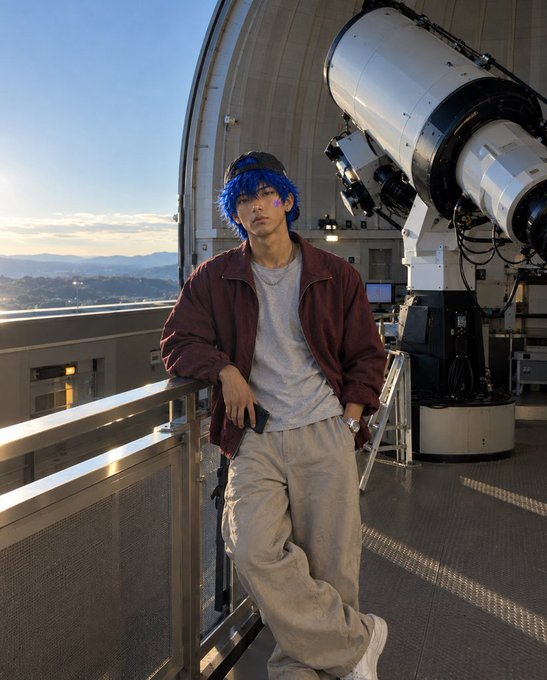 A young man with a blue wig, maroon jacket, and gray pants leans against a railing in an observatory next to a large telescope during sunset.