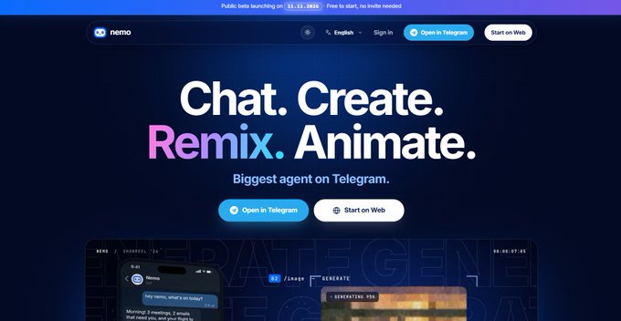 A promotional screenshot for "nemo" advertising it as the "Biggest agent on Telegram" with the tagline "Chat. Create. Remix. Animate." and buttons for "Open in Telegram" and "Start on Web."