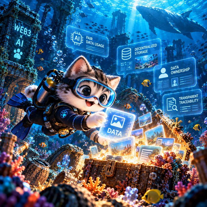 An AI-generated illustration features a cat wearing scuba gear underwater surrounded by floating panels labeled 'WEB3 x AI', 'FAIR DATA USAGE', 'DECENTRALIZED STORAGE', 'DATA OWNERSHIP', 'TRANSPARENT TRACEABILITY', and a 'DATA' image icon.
