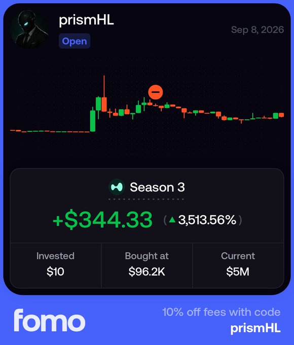 The image is a promotional graphic for "fomo" featuring a trading card for the token "prismHL" dated Sep 8, 2026, showing a Season 3 gain of +$344.33 (3,513.56%) from a $10 investment, with an ad offering 10% off fees using the code "prismHL." It ties to the post by highlighting the user's profitable trade on Hyperliquid (prismHL), serving as a "wake-up call" showcase of gains.