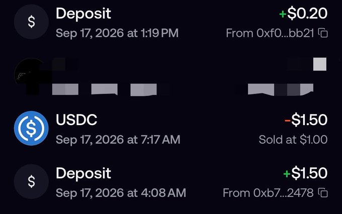 A screenshot of a crypto transaction history showing a $0.20 deposit from address "0xf0...bb21" at 1:19 PM, a –$1.50 USDC withdrawal (sold at $1.00) at 7:17 AM, and a $1.50 deposit from address "0xb7...2478" at 4:08 AM on Sep 17, 2026, illustrating the user's warning about a fake USDC token being airdropped to their wallet that the sender can also withdraw.