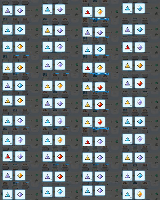 A grid showing numerous small cards, each with a colored triangle and a colored diamond shape, labeled with numbers like x2, x3, x4, and x5.