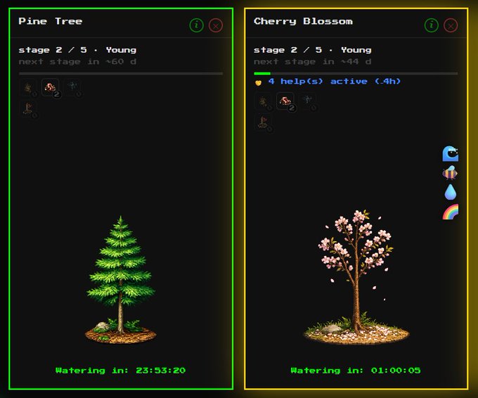 Twin panels of a virtual tree-growing app showing a 'Pine Tree' and a 'Cherry Blossom', both at stage 2/5 Young, with countdown timers indicating the next watering time.