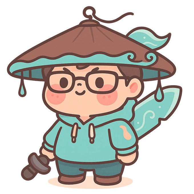 A chibi-style cartoon character wearing a large teal and brown conical hat (rain hat), glasses, a teal hoodie, and holding a sword in a scabbard.