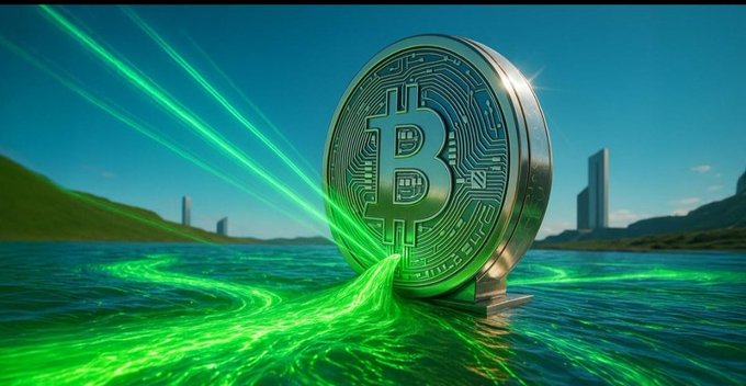 A large, metallic Bitcoin coin stands in a body of water, emitting green light ripples and beams that surge towards distant modern buildings, symbolizing the increasing liquidity driving its value.