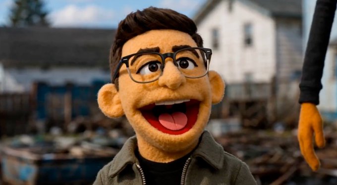 The image features a cartoon character, likely a man with glasses, wearing a jacket and smiling at the camera. The caption reads "I went from buying @solana in 2021 to buy NFTs to being turned into a muppet on their X in 2026 Only Possible On Solana". This suggests that the character has been created as a novelty item or collectible item, possibly due to its popularity and the post's content. The image is likely related to the post about the man becoming a muppet, which could be an advertisement for the character or a promotional piece for a related product or service.