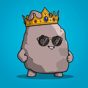 A cartoon illustration of a gray rock character wearing a golden crown with blue and red jewels and round black sunglasses, standing against a teal background.